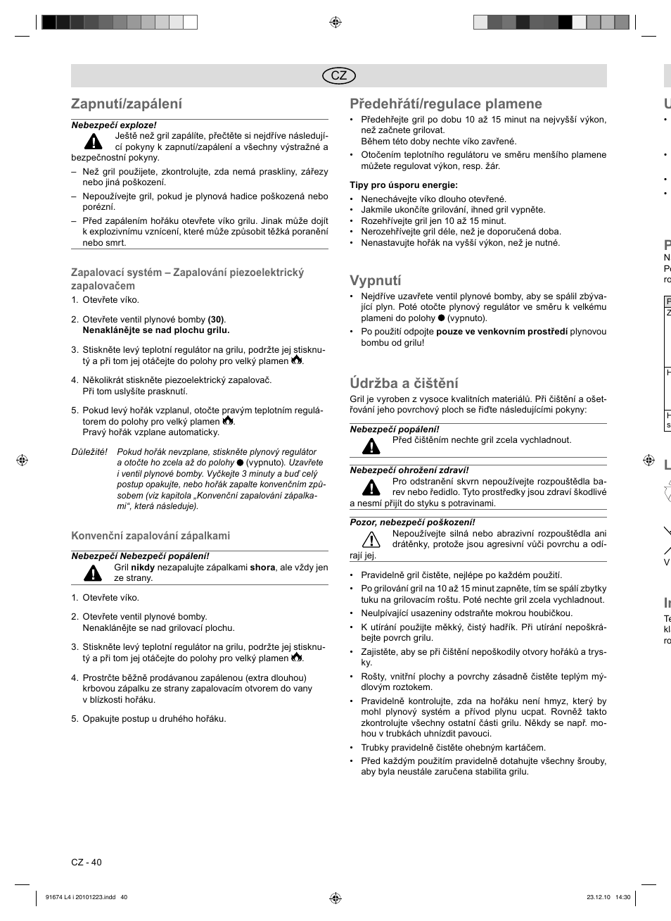 Zapnutí/zapálení, Předehřátí/regulace plamene, Vypnutí | Údržba a čištění | Florabest 3201 User Manual | Page 40 / 58
