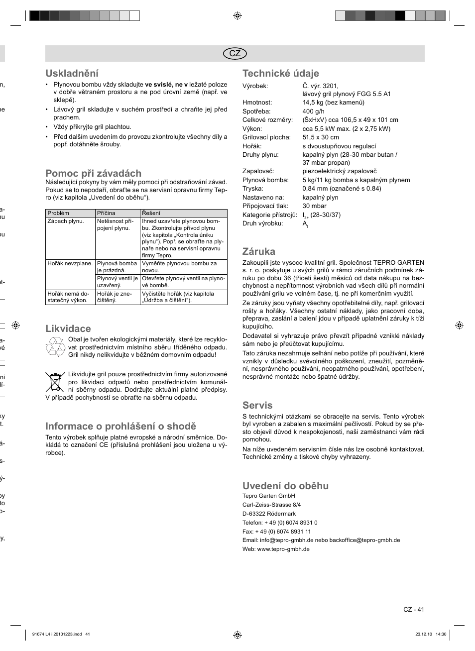 Uskladnění, Pomoc při závadách, Likvidace | Informace o prohlášení o shodě, Technické údaje, Záruka, Servis, Uvedení do oběhu | Florabest 3201 User Manual | Page 41 / 58