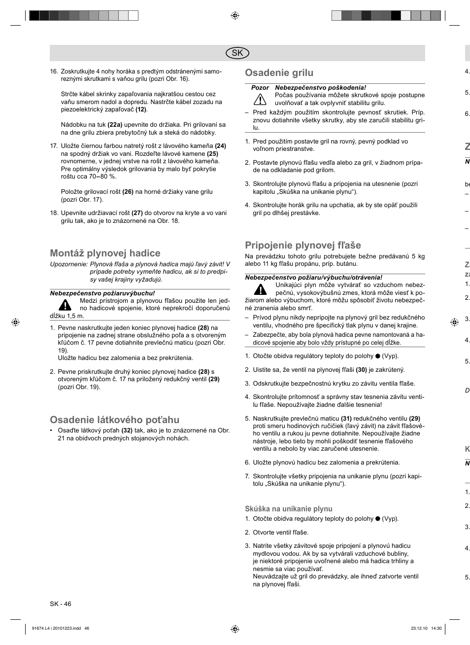 Montáž plynovej hadice, Osadenie látkového poťahu, Osadenie grilu | Pripojenie plynovej fľaše | Florabest 3201 User Manual | Page 46 / 58