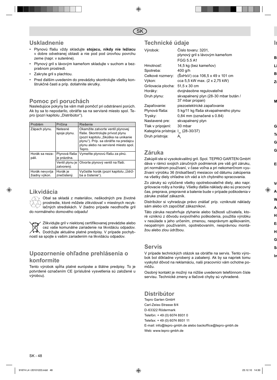 Uskladnenie, Pomoc pri poruchách, Likvidácia | Upozornenie ohľadne prehlásenia o konformite, Technické údaje, Záruka, Servis, Distribútor | Florabest 3201 User Manual | Page 48 / 58