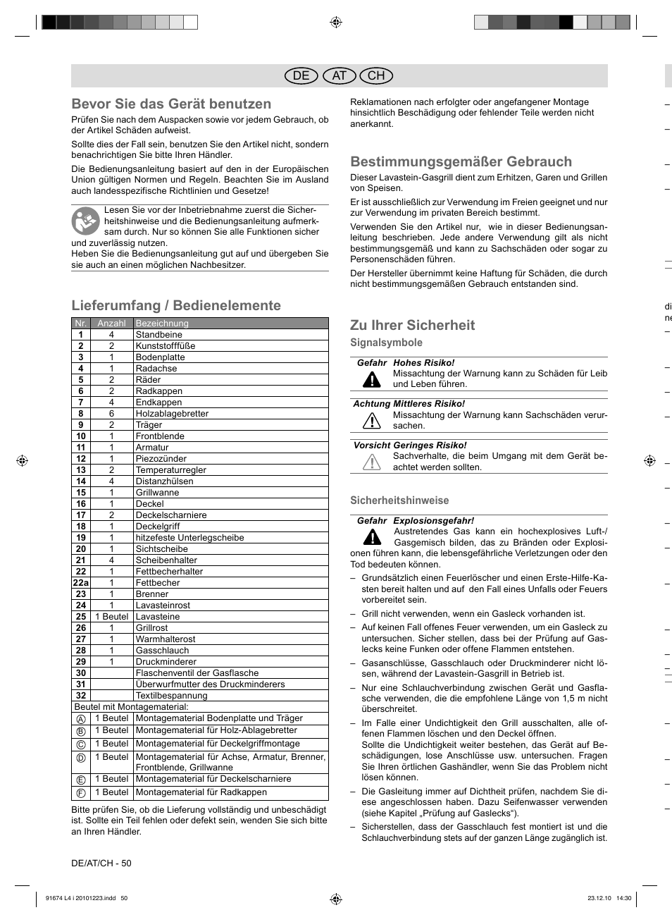 Bevor sie das gerät benutzen, Lieferumfang / bedienelemente, Bestimmungsgemäßer gebrauch | Zu ihrer sicherheit, At de ch | Florabest 3201 User Manual | Page 50 / 58