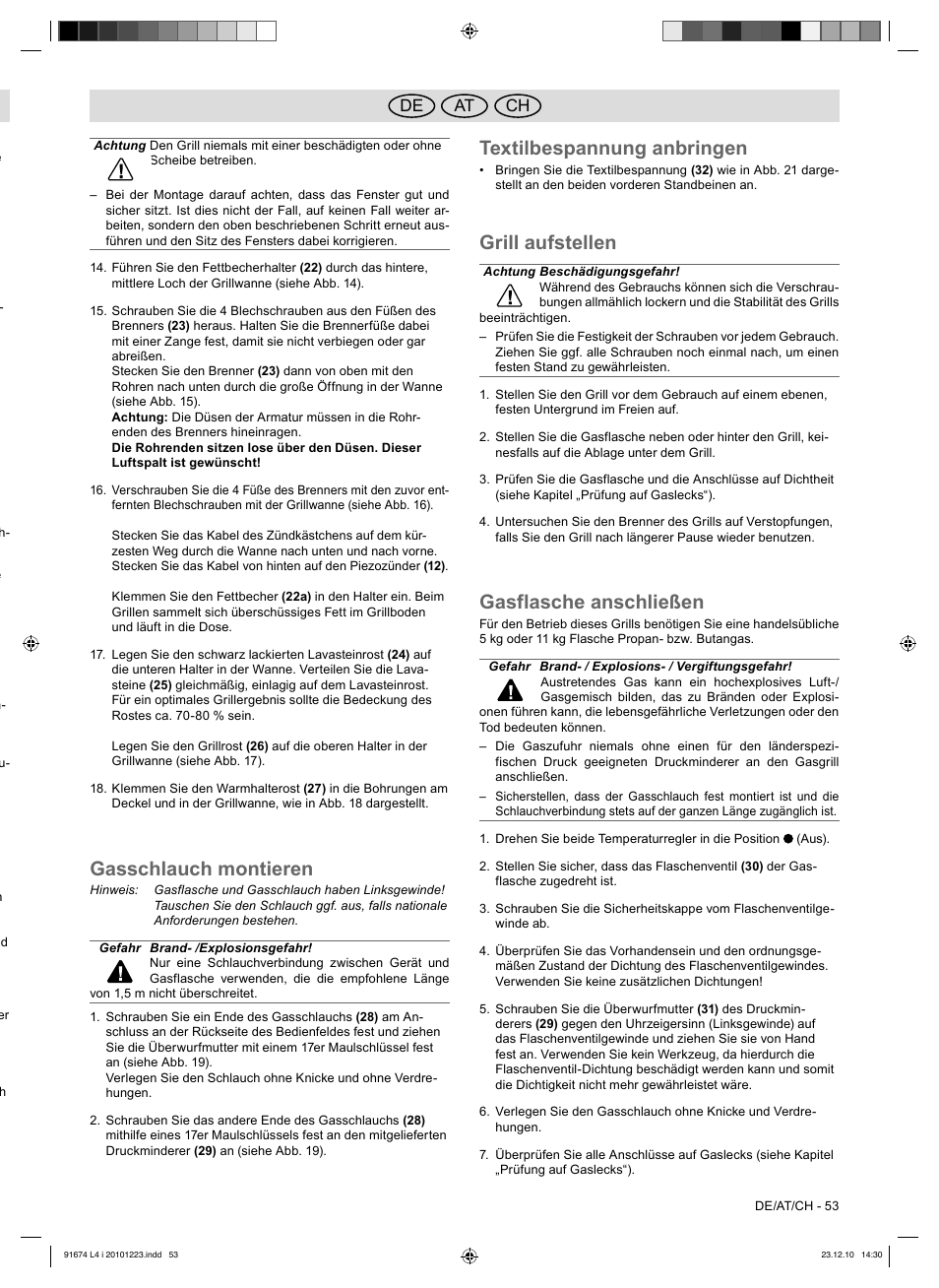Gasschlauch montieren, Textilbespannung anbringen, Grill aufstellen | Gasflasche anschließen, At de ch | Florabest 3201 User Manual | Page 53 / 58