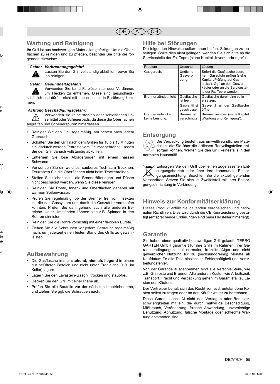 Wartung und reinigung, Aufbewahrung, Hilfe bei störungen | Entsorgung, Hinweis zur konformitätserklärung, Garantie, At de ch | Florabest 3201 User Manual | Page 55 / 58