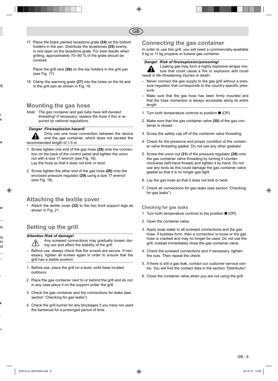 Mounting the gas hose, Attaching the textile cover, Setting up the grill | Connecting the gas container | Florabest 3201 User Manual | Page 9 / 58