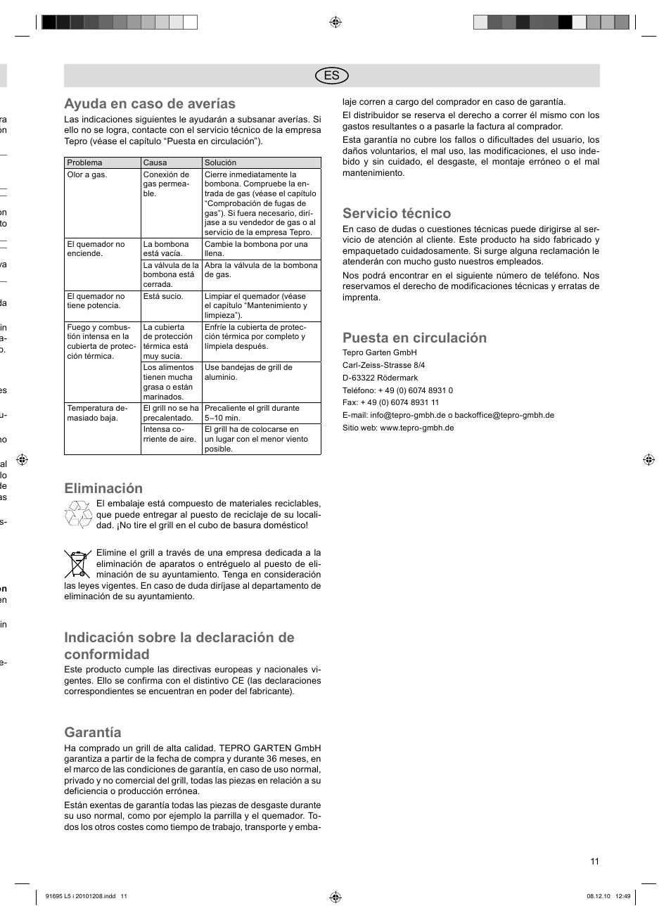 Ayuda en caso de averías, Eliminación, Indicación sobre la declaración de conformidad | Garantía, Servicio técnico, Puesta en circulación | Florabest 3202 User Manual | Page 11 / 38