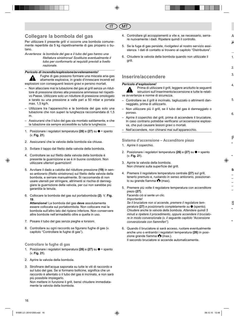 Collegare la bombola del gas, Inserire/accendere, Mt it | Florabest 3202 User Manual | Page 16 / 38