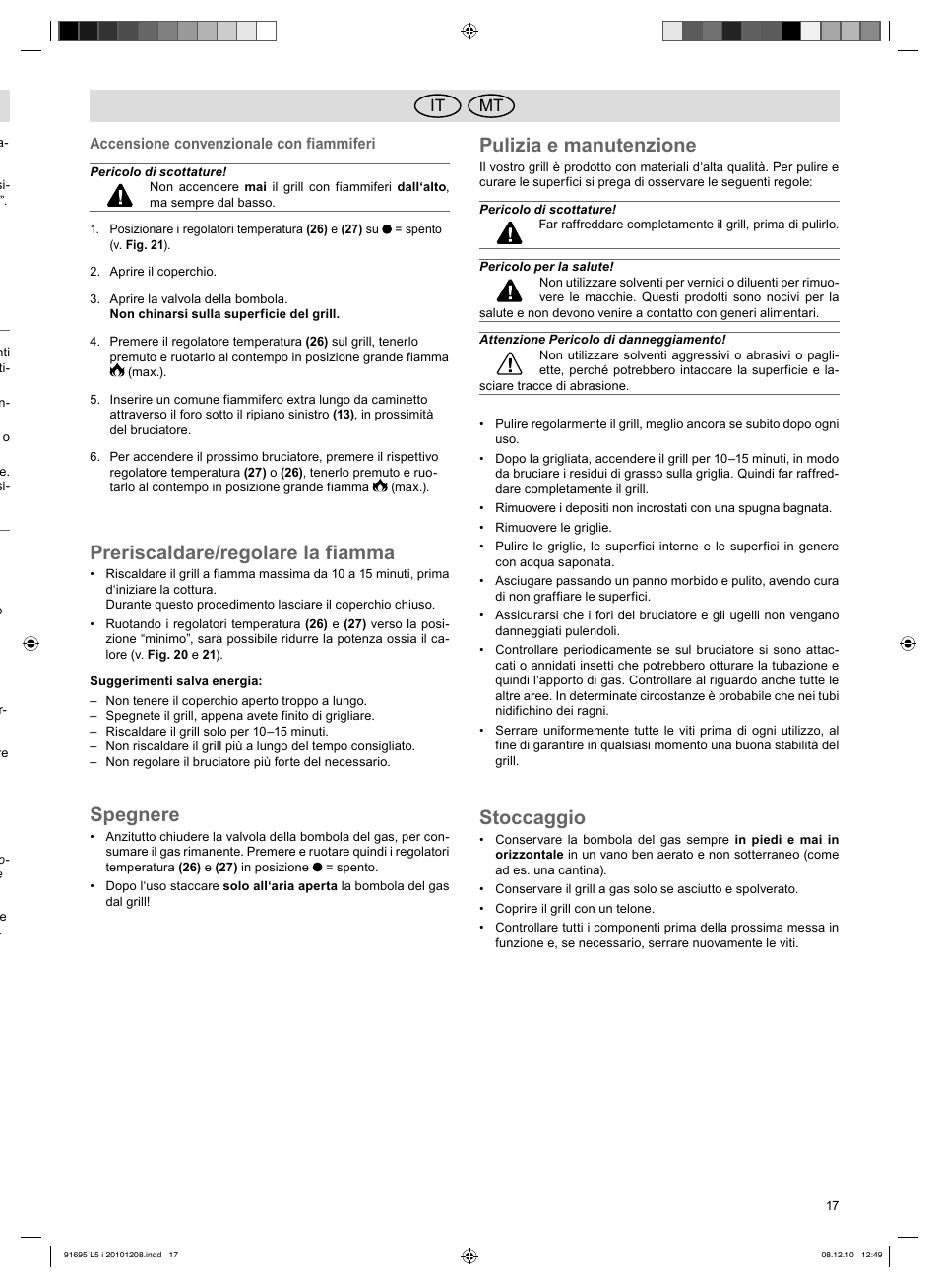 Preriscaldare/regolare la fiamma, Spegnere, Pulizia e manutenzione | Stoccaggio, Mt it | Florabest 3202 User Manual | Page 17 / 38