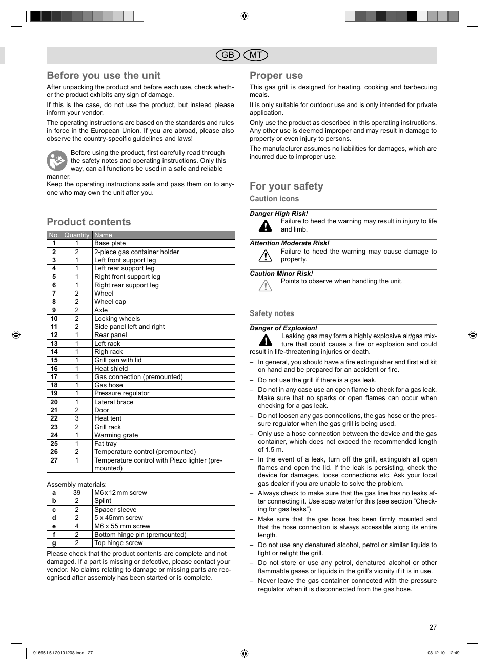 Before you use the unit, Product contents, Proper use | For your safety, Mt gb | Florabest 3202 User Manual | Page 27 / 38