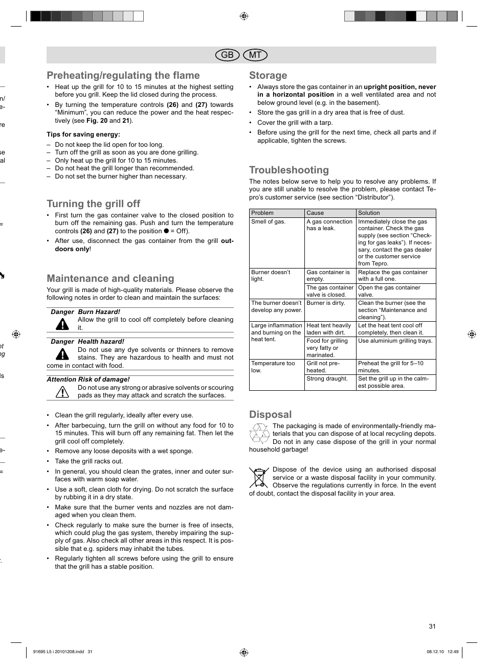 Preheating/regulating the flame, Turning the grill off, Maintenance and cleaning | Storage, Troubleshooting, Disposal, Mt gb | Florabest 3202 User Manual | Page 31 / 38