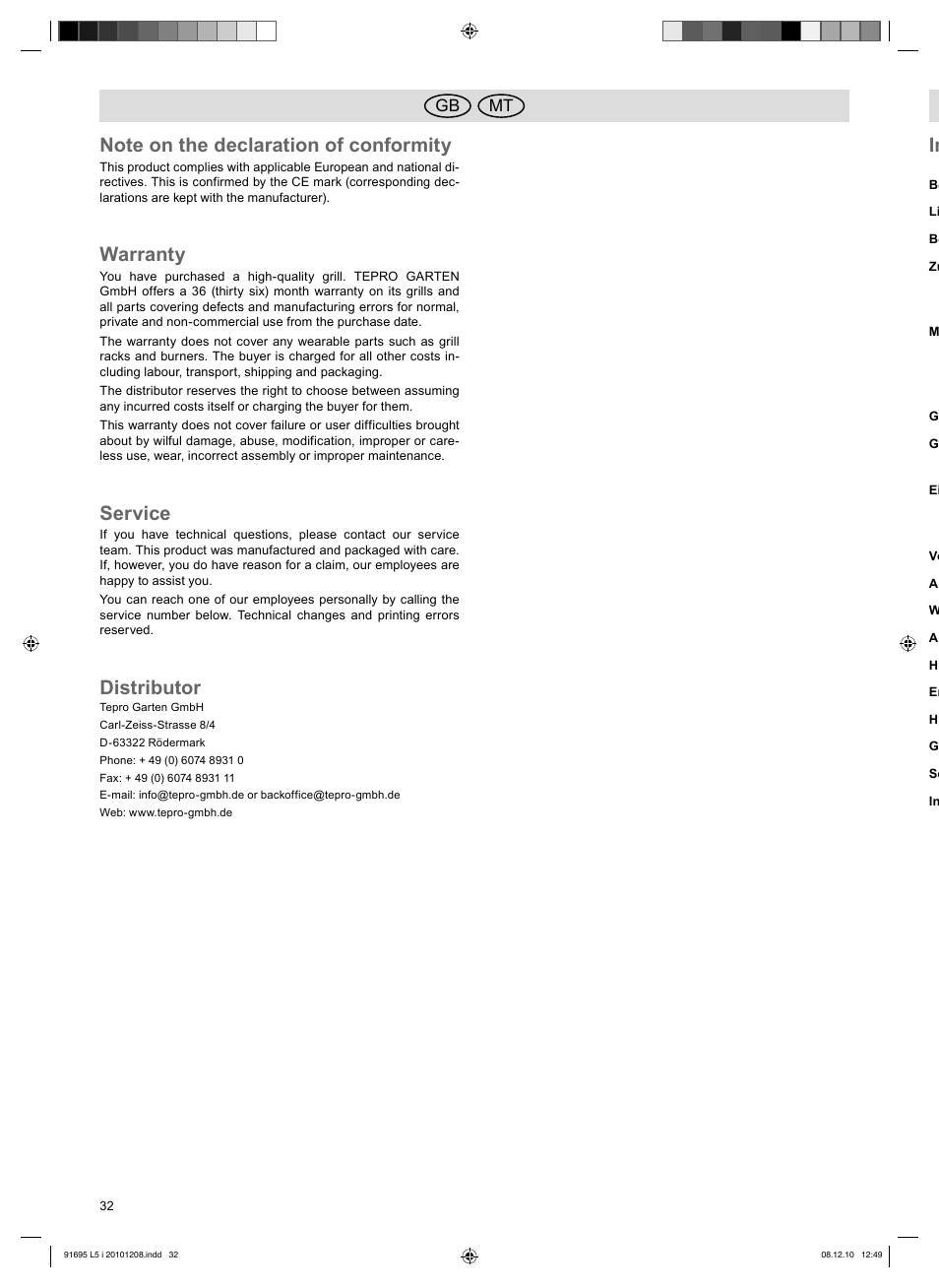 Warranty, Service, Distributor | Mt gb | Florabest 3202 User Manual | Page 32 / 38
