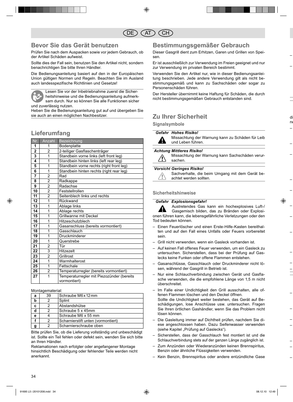 Bevor sie das gerät benutzen, Lieferumfang, Bestimmungsgemäßer gebrauch | Zu ihrer sicherheit, De at ch | Florabest 3202 User Manual | Page 34 / 38