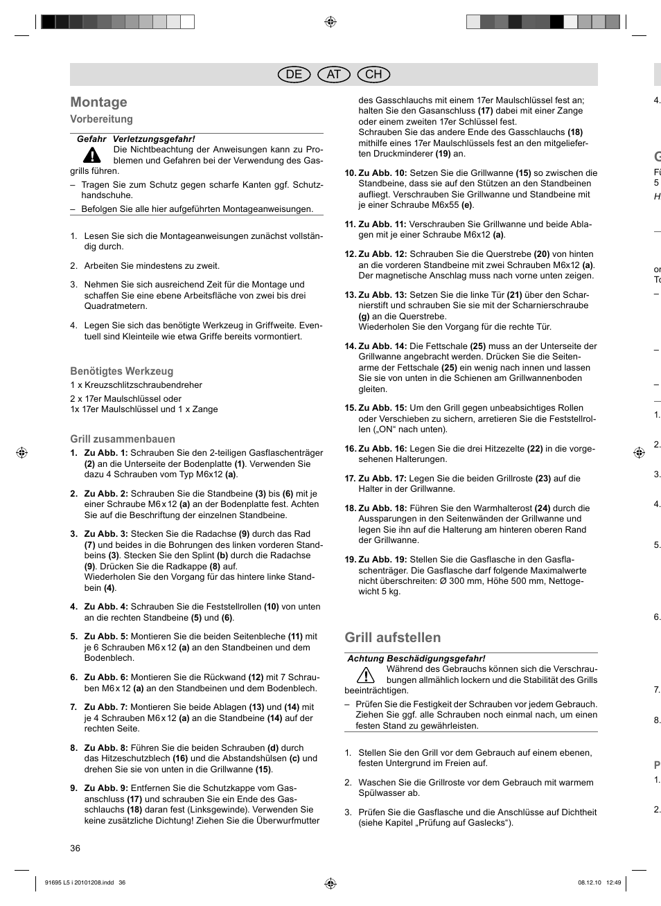 Montage, Grill aufstellen, De at ch | Florabest 3202 User Manual | Page 36 / 38