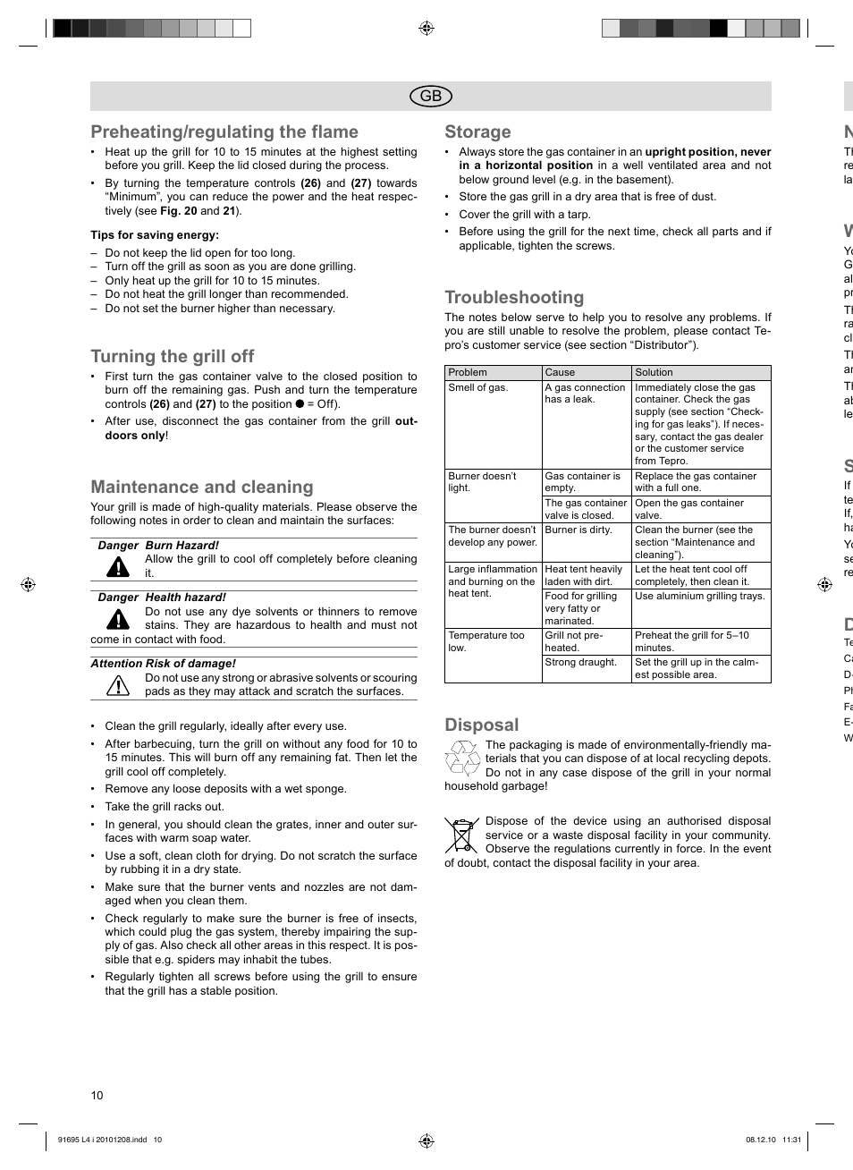 Preheating/regulating the flame, Turning the grill off, Maintenance and cleaning | Storage, Troubleshooting, Disposal | Florabest 3202 User Manual | Page 10 / 54