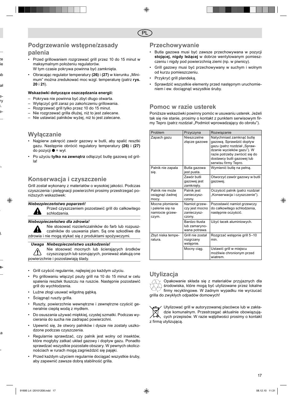 Podgrzewanie wstępne/zasady palenia, Wyłączanie, Konserwacja i czyszczenie | Przechowywanie, Pomoc w razie usterek, Utylizacja | Florabest 3202 User Manual | Page 17 / 54