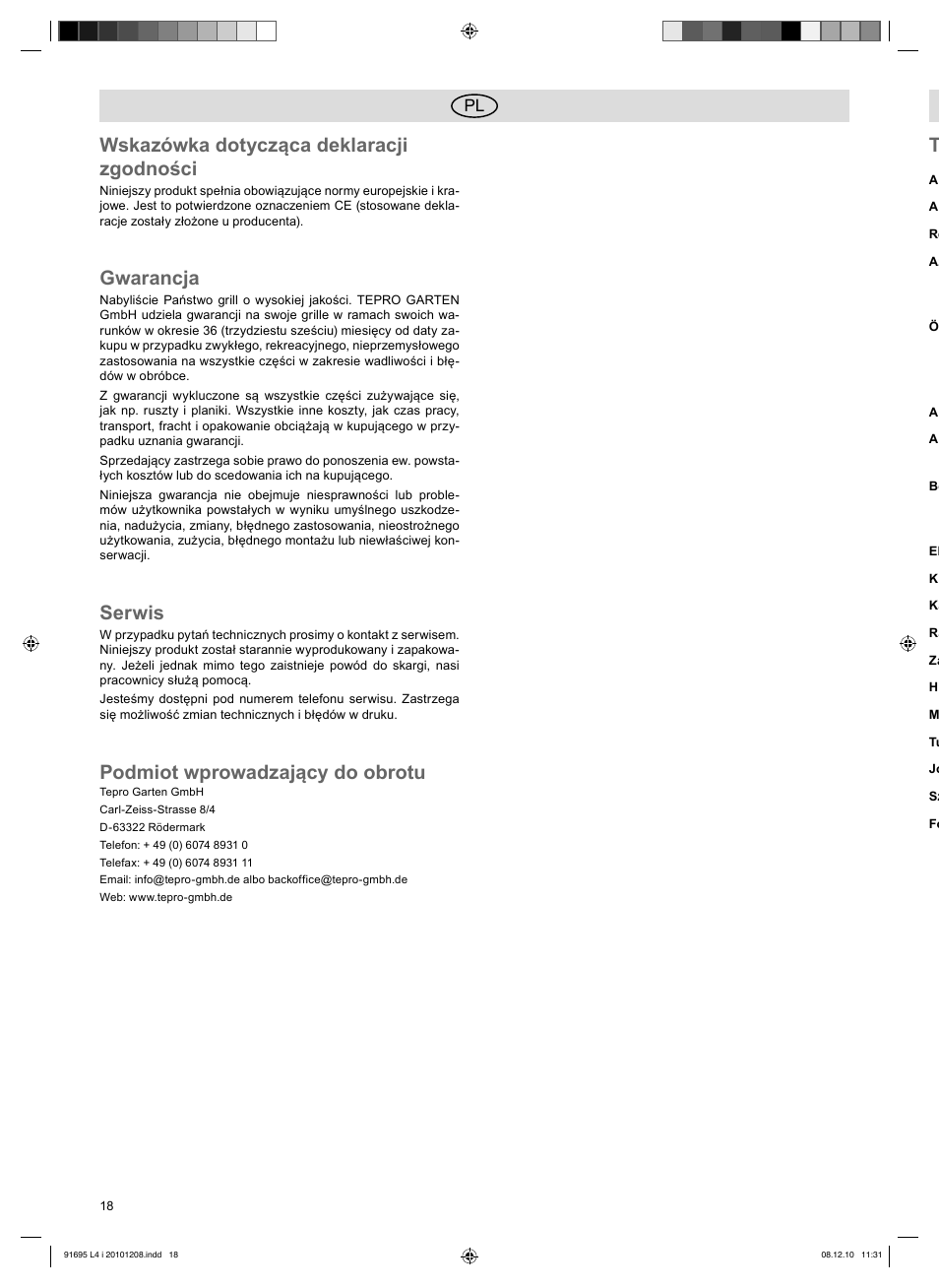 Wskazówka dotycząca deklaracji zgodności, Gwarancja, Serwis | Podmiot wprowadzający do obrotu | Florabest 3202 User Manual | Page 18 / 54