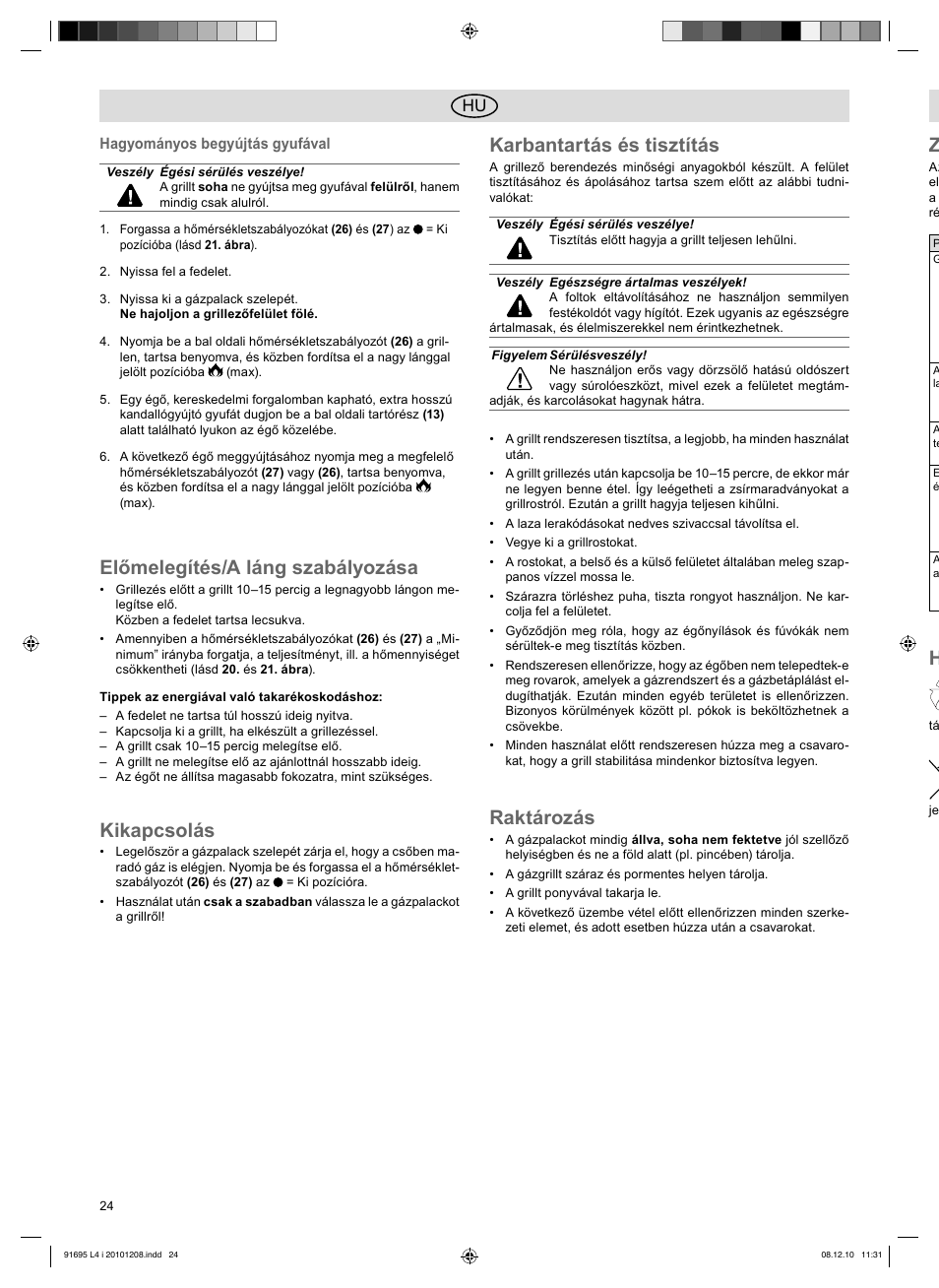 Előmelegítés/a láng szabályozása, Kikapcsolás, Karbantartás és tisztítás | Raktározás | Florabest 3202 User Manual | Page 24 / 54