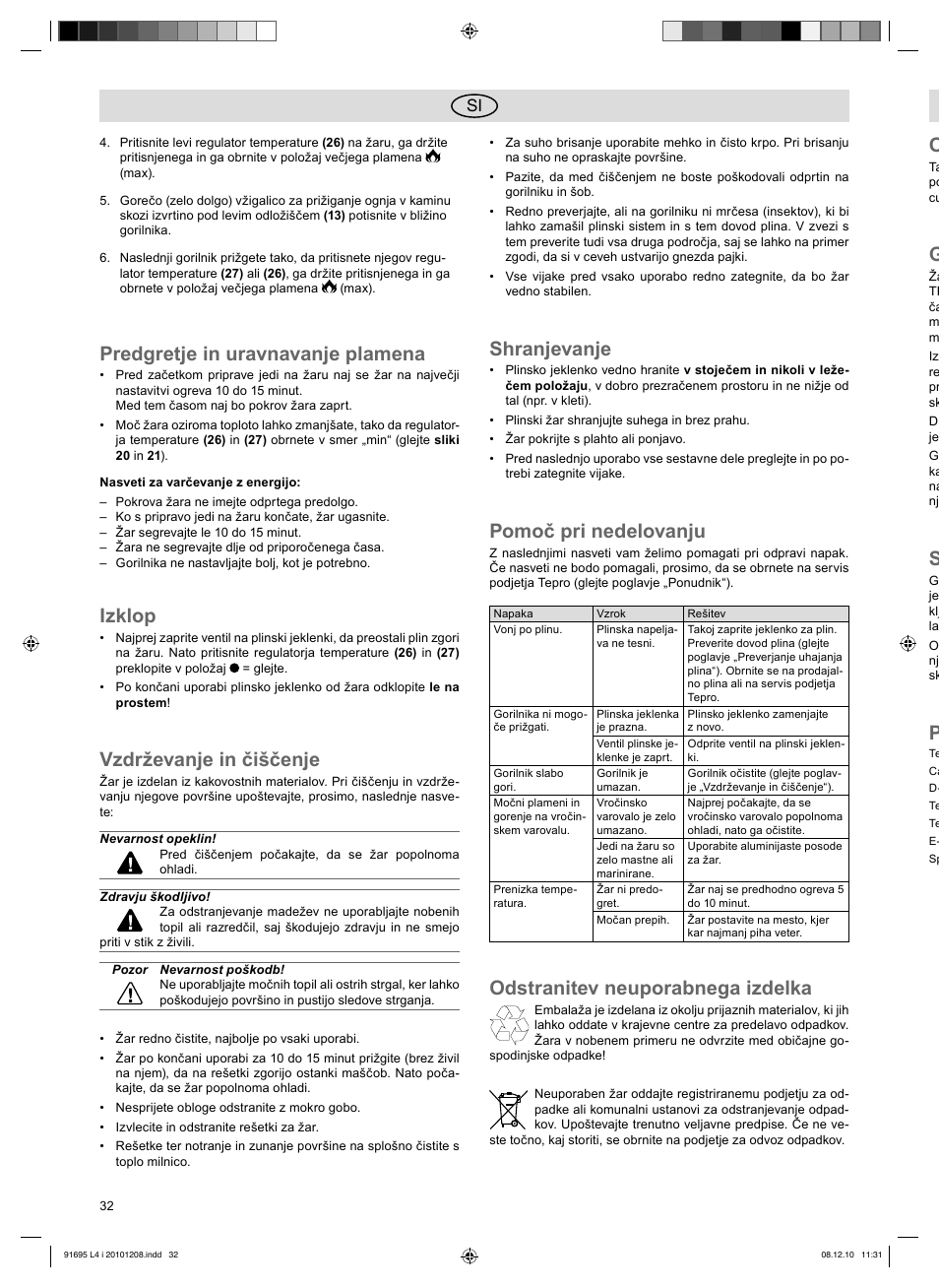 Predgretje in uravnavanje plamena, Izklop, Vzdrževanje in čiščenje | Shranjevanje, Pomoč pri nedelovanju, Odstranitev neuporabnega izdelka | Florabest 3202 User Manual | Page 32 / 54