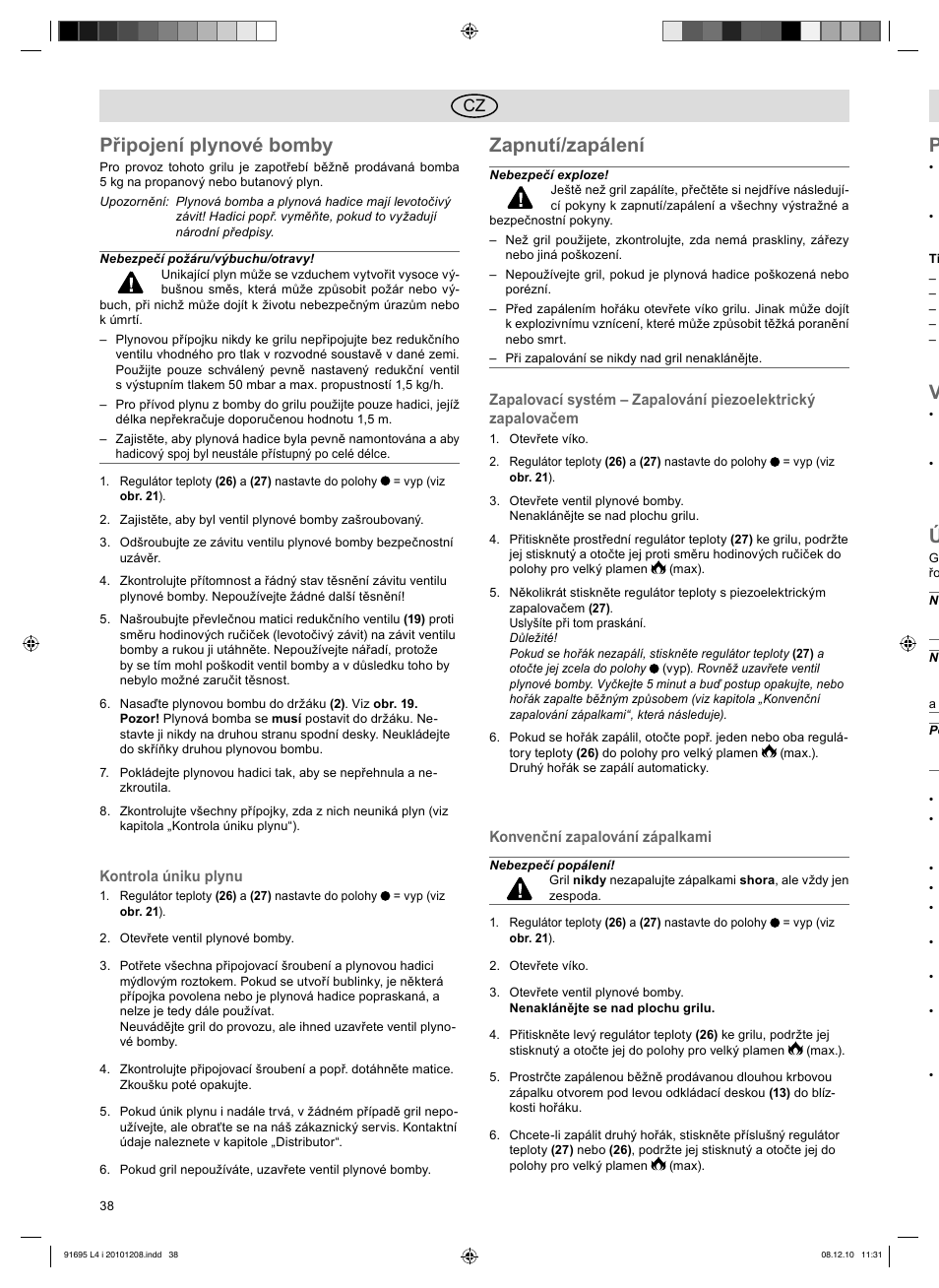Připojení plynové bomby, Zapnutí/zapálení | Florabest 3202 User Manual | Page 38 / 54