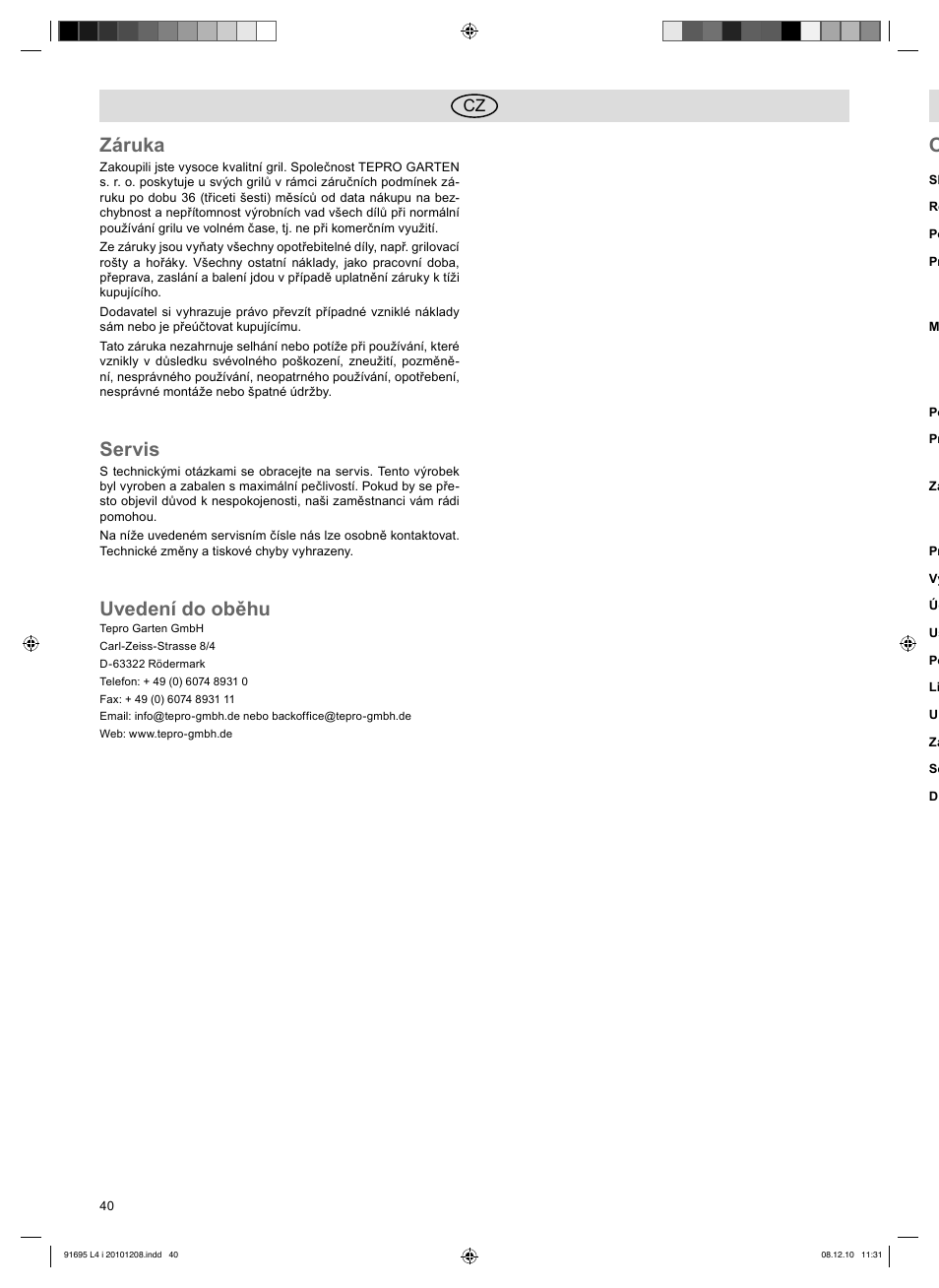Záruka, Servis, Uvedení do oběhu | Florabest 3202 User Manual | Page 40 / 54