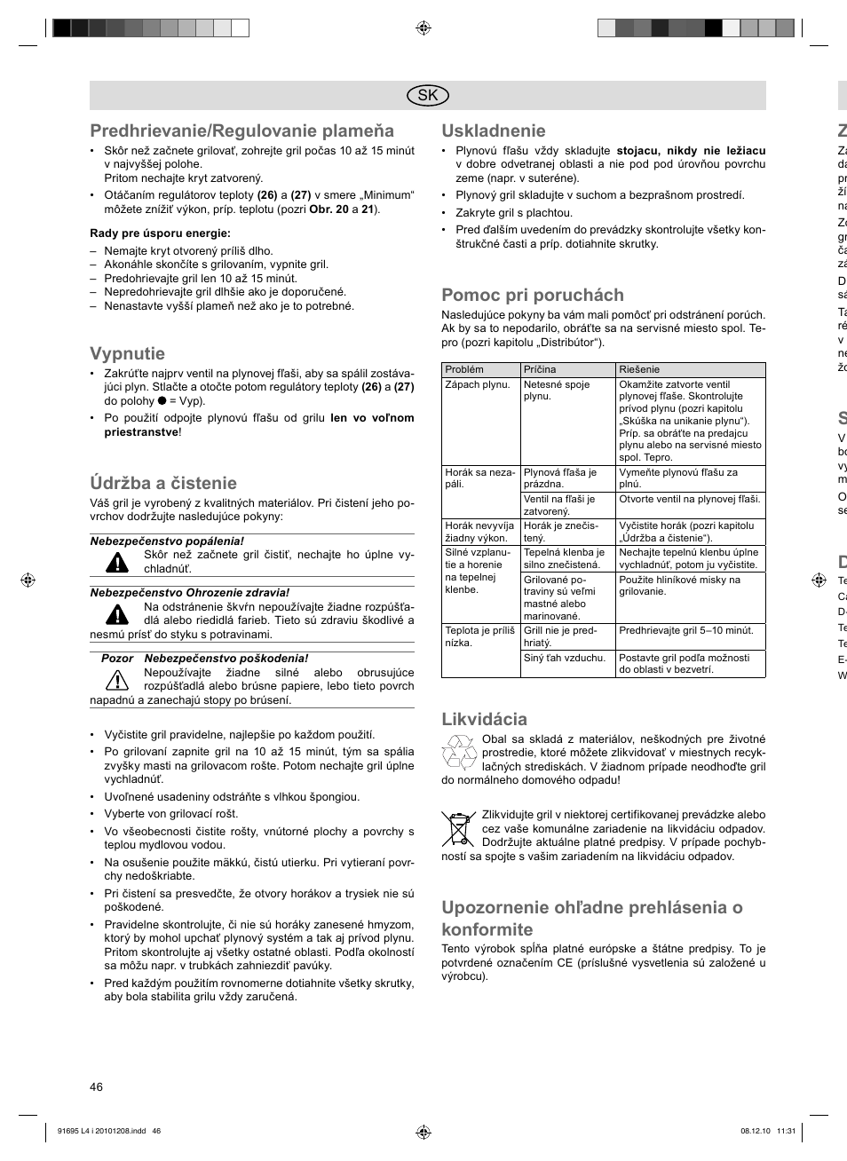 Predhrievanie/regulovanie plameňa, Vypnutie, Údržba a čistenie | Uskladnenie, Pomoc pri poruchách, Likvidácia, Upozornenie ohľadne prehlásenia o konformite | Florabest 3202 User Manual | Page 46 / 54