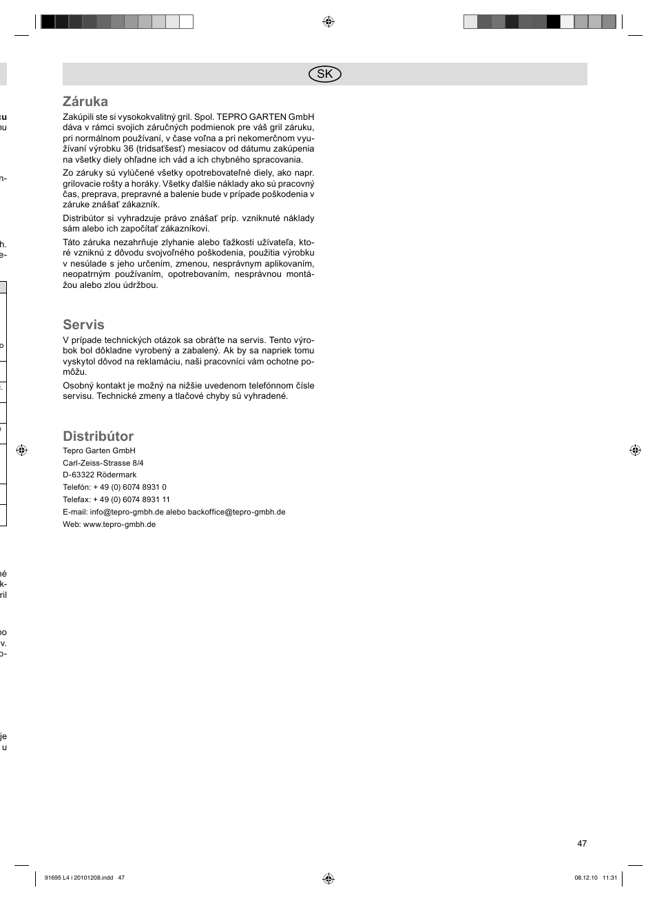 Záruka, Servis, Distribútor | Florabest 3202 User Manual | Page 47 / 54