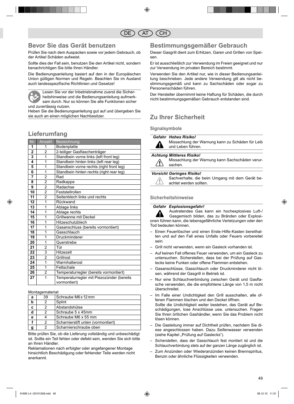 Bevor sie das gerät benutzen, Lieferumfang, Bestimmungsgemäßer gebrauch | Zu ihrer sicherheit, De at ch | Florabest 3202 User Manual | Page 49 / 54