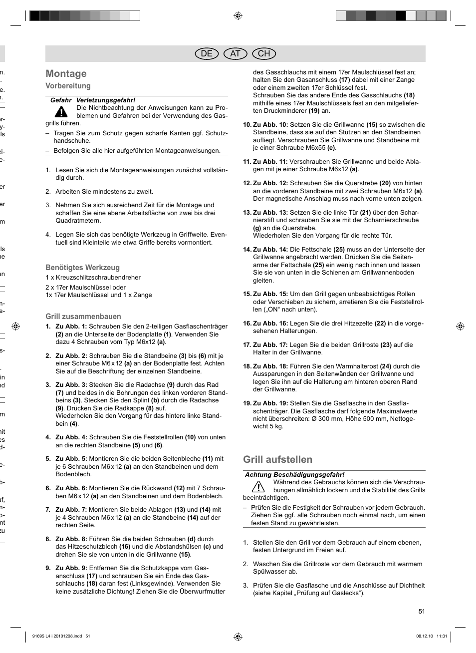 Montage, Grill aufstellen, De at ch | Florabest 3202 User Manual | Page 51 / 54