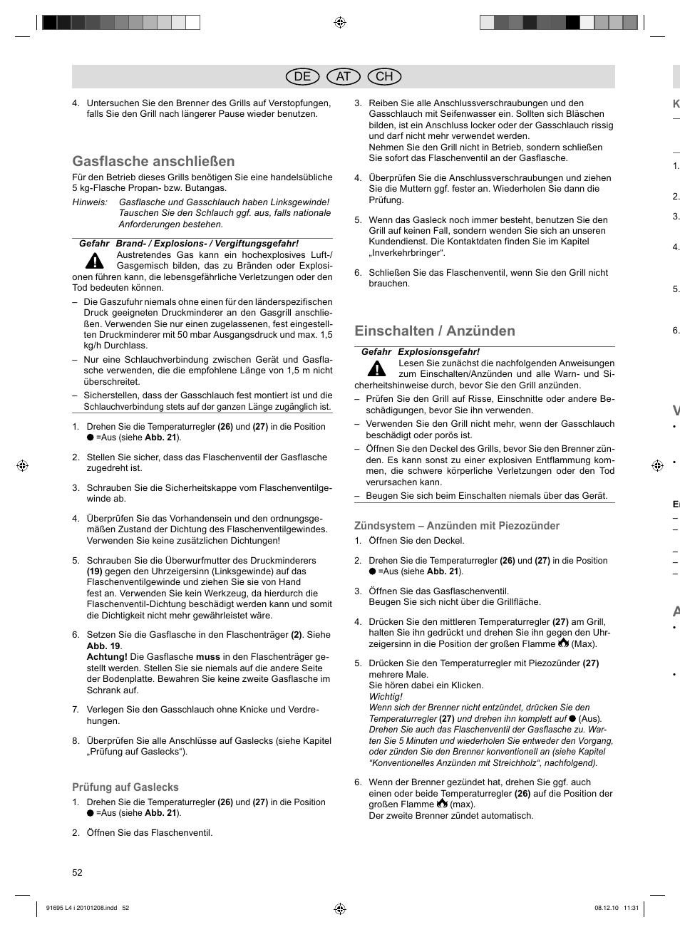 Gasflasche anschließen, Einschalten / anzünden, De at ch | Florabest 3202 User Manual | Page 52 / 54