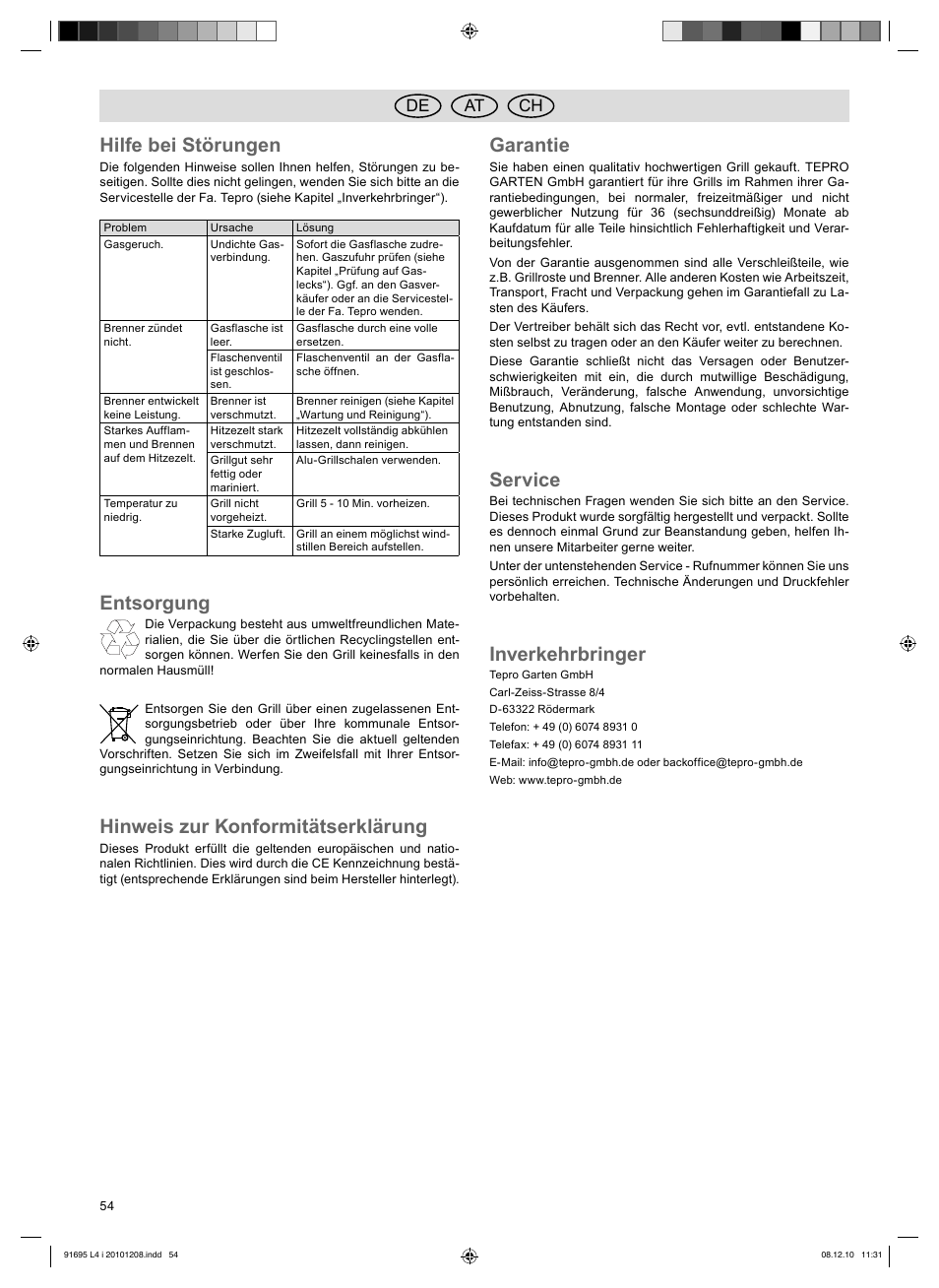 Hilfe bei störungen, Entsorgung, Hinweis zur konformitätserklärung | Garantie, Service, Inverkehrbringer, De at ch | Florabest 3202 User Manual | Page 54 / 54