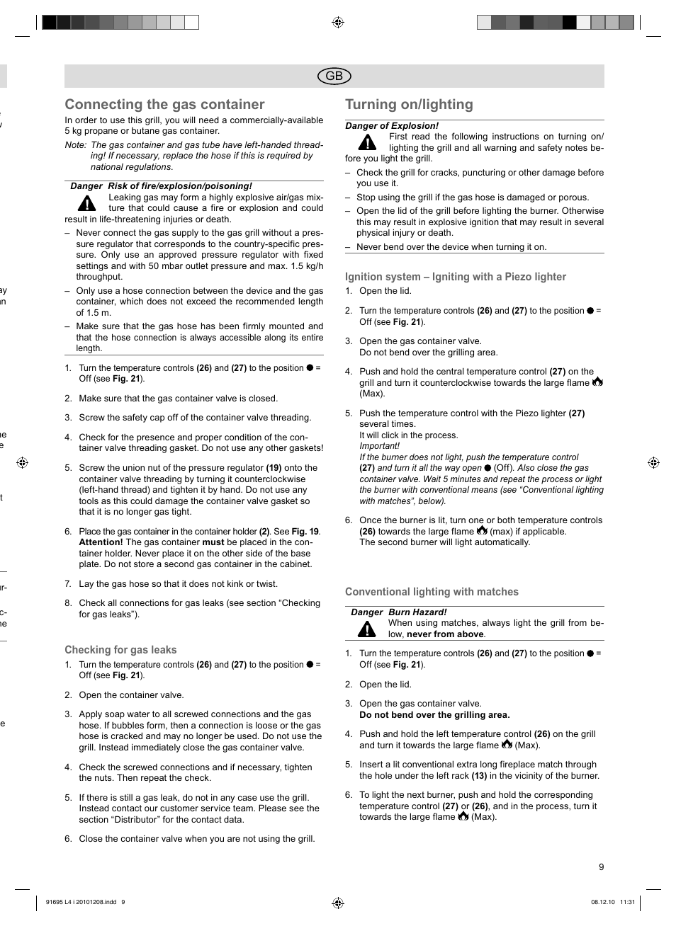 Connecting the gas container, Turning on/lighting | Florabest 3202 User Manual | Page 9 / 54