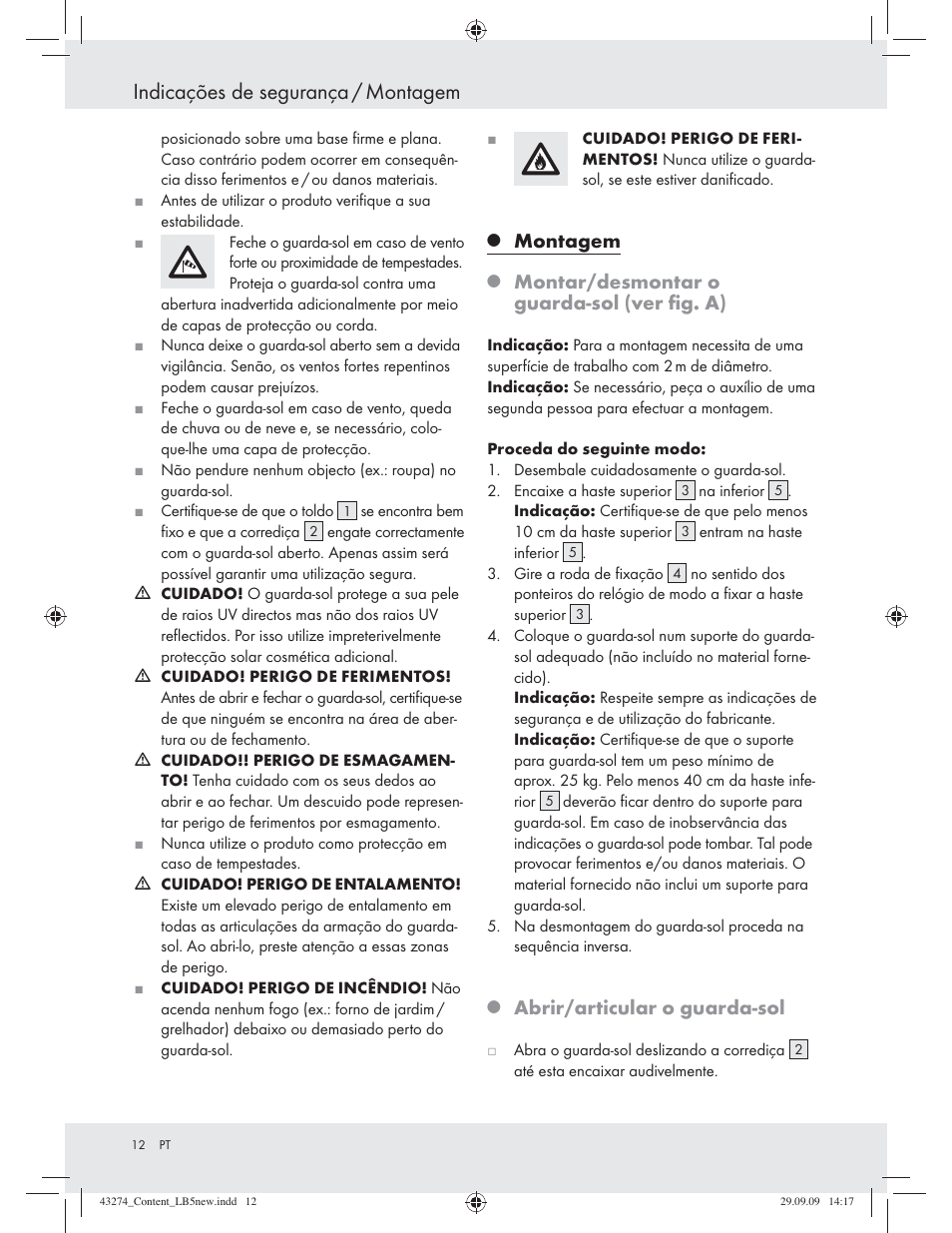 Indicações de segurança / montagem, Montagem, Montar/desmontar o guarda-sol (ver ﬁg. a) | Abrir/articular o guarda-sol | Florabest Z27443A/Z27443B/Z27443C User Manual | Page 10 / 17