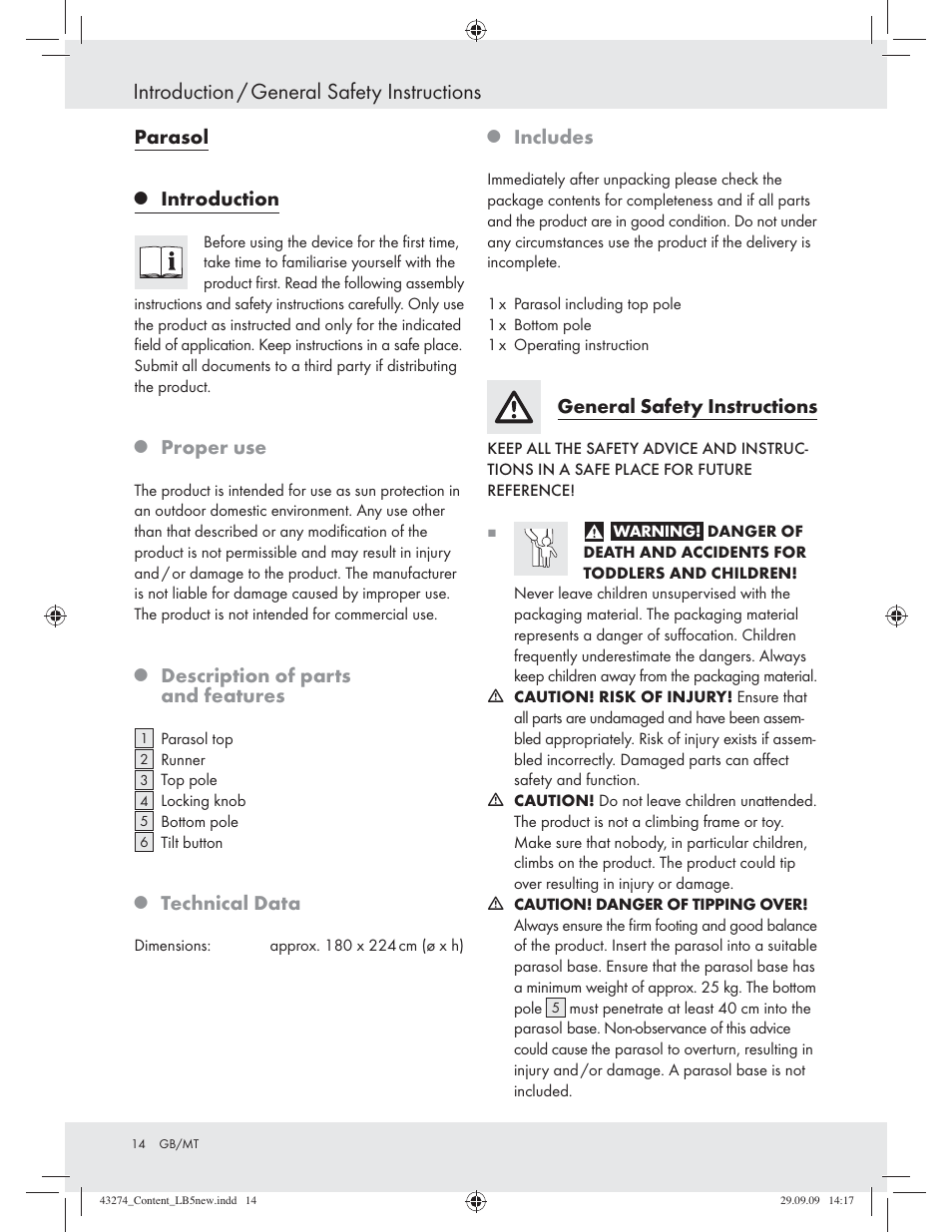 Introduction / general safety instructions, Parasol, Introduction | Proper use, Description of parts and features, Technical data, Includes, General safety instructions | Florabest Z27443A/Z27443B/Z27443C User Manual | Page 12 / 17