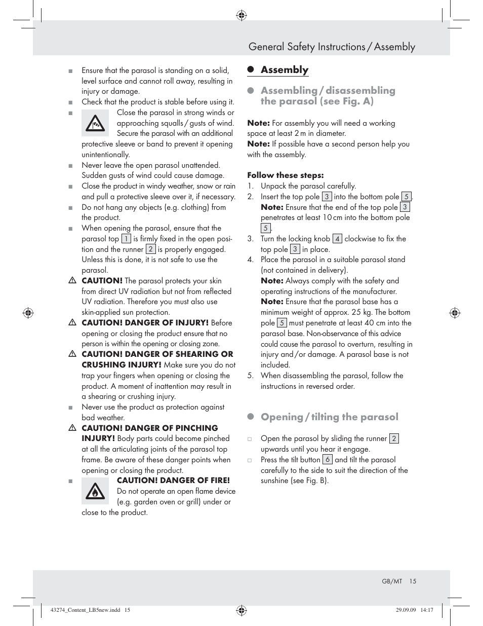 General safety instructions / assembly, Assembly, Opening / tilting the parasol | Florabest Z27443A/Z27443B/Z27443C User Manual | Page 13 / 17