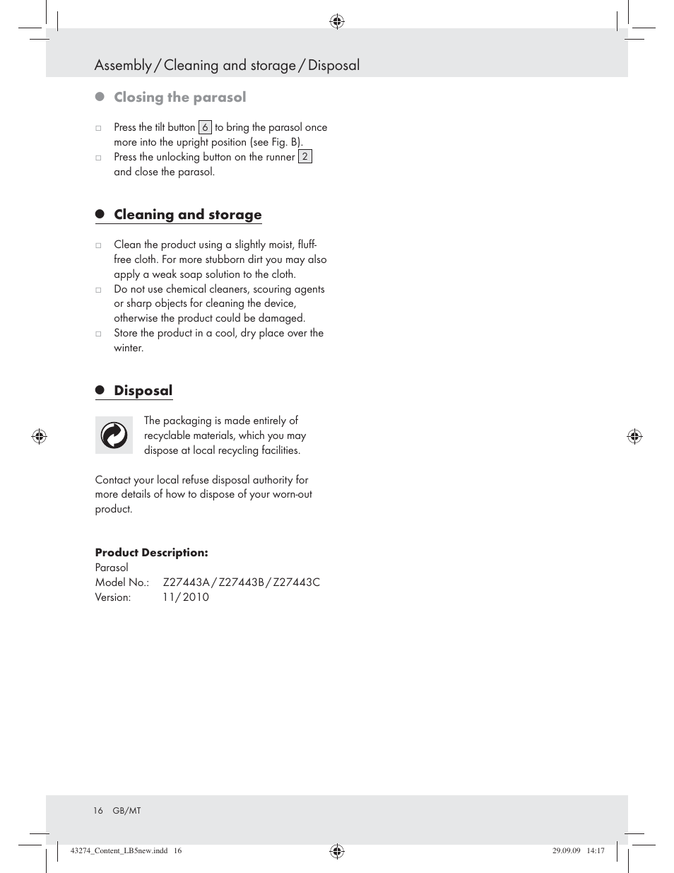 Assembly / cleaning and storage / disposal, Closing the parasol, Cleaning and storage | Disposal | Florabest Z27443A/Z27443B/Z27443C User Manual | Page 14 / 17