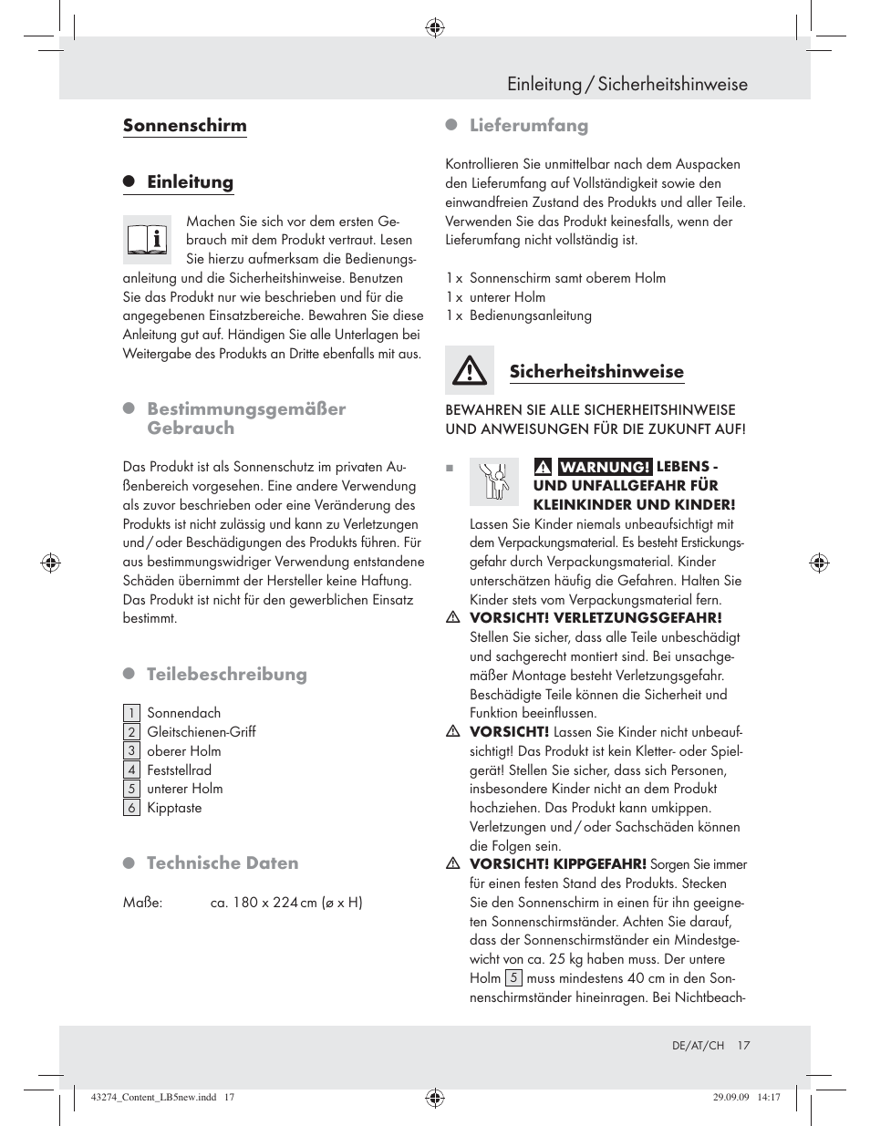 Einleitung / sicherheitshinweise, Sonnenschirm, Einleitung | Bestimmungsgemäßer gebrauch, Teilebeschreibung, Technische daten, Lieferumfang, Sicherheitshinweise | Florabest Z27443A/Z27443B/Z27443C User Manual | Page 15 / 17