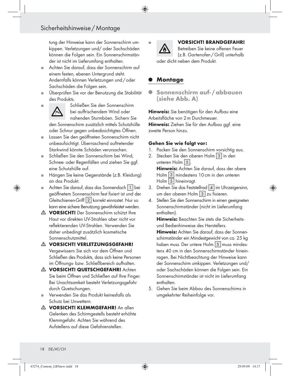 Sicherheitshinweise / montage, Montage, Sonnenschirm auf- / abbauen (siehe abb. a) | Florabest Z27443A/Z27443B/Z27443C User Manual | Page 16 / 17