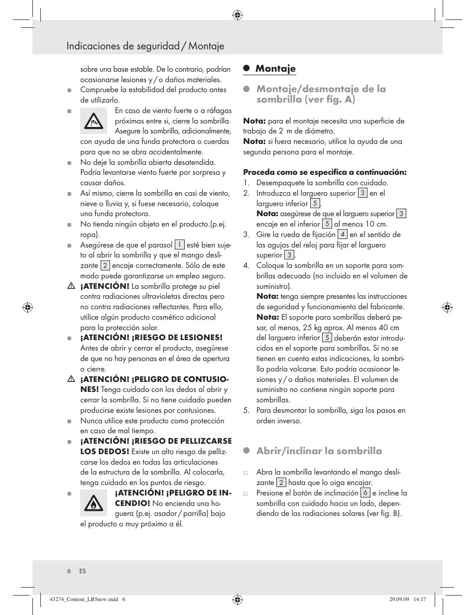 Indicaciones de seguridad / montaje, Montaje, Montaje/desmontaje de la sombrilla (ver ﬁg. a) | Abrir/inclinar la sombrilla | Florabest Z27443A/Z27443B/Z27443C User Manual | Page 4 / 17