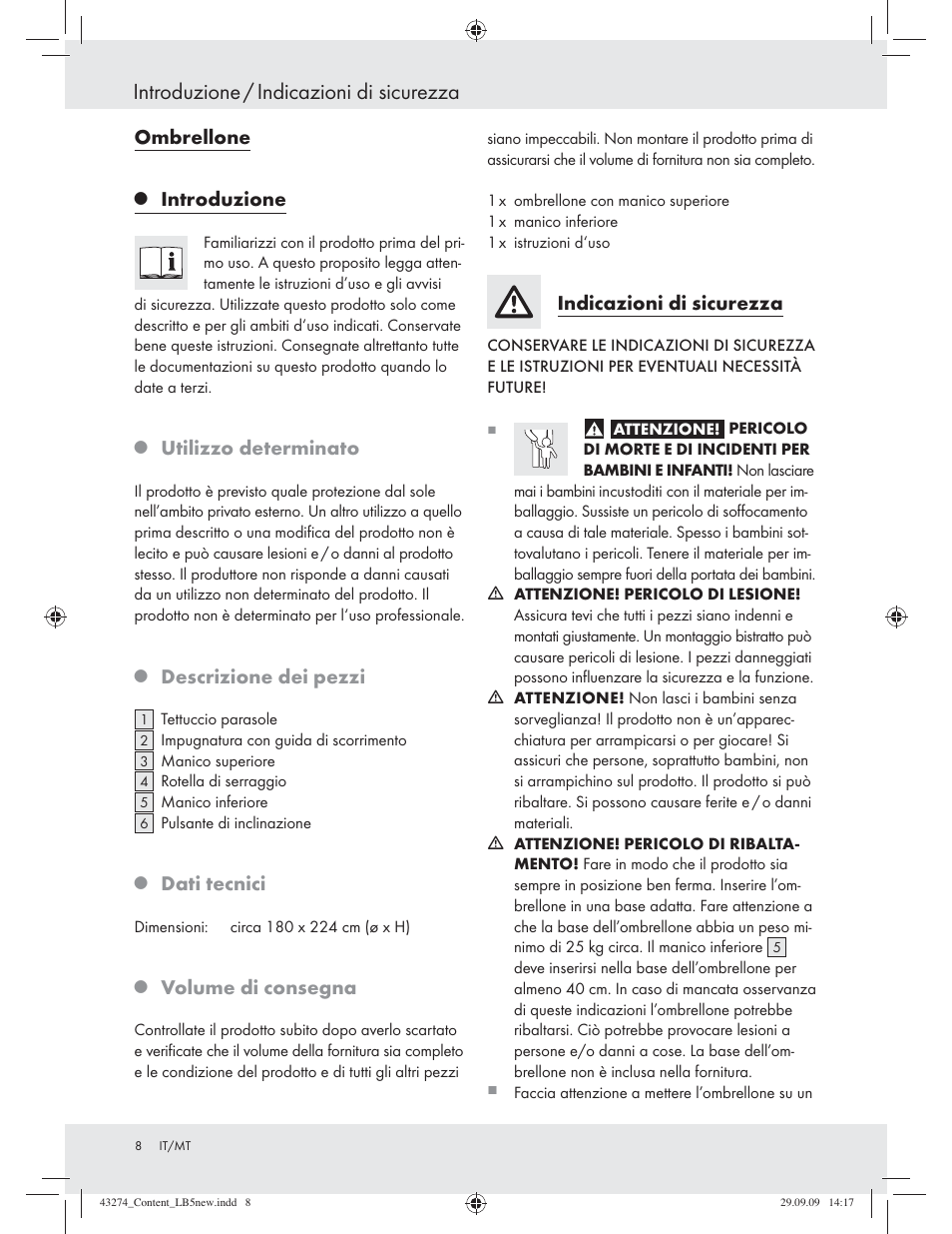 Introduzione / indicazioni di sicurezza, Ombrellone, Introduzione | Utilizzo determinato, Descrizione dei pezzi, Dati tecnici, Volume di consegna, Indicazioni di sicurezza | Florabest Z27443A/Z27443B/Z27443C User Manual | Page 6 / 17