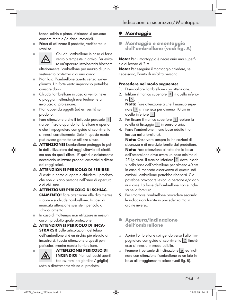Indicazioni di sicurezza / montaggio, Montaggio, Apertura/inclinazione dell‘ombrellone | Florabest Z27443A/Z27443B/Z27443C User Manual | Page 7 / 17