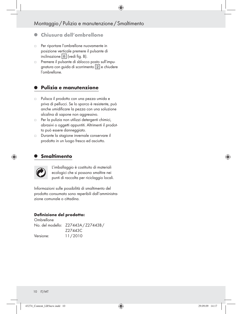 Montaggio / pulizia e manutenzione / smaltimento, Chiusura dell’ombrellone, Pulizia e manutenzione | Smaltimento | Florabest Z27443A/Z27443B/Z27443C User Manual | Page 8 / 17
