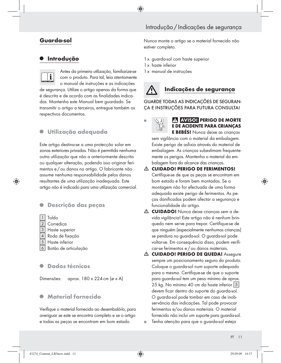 Introdução / indicações de segurança, Guarda-sol, Introdução | Utilização adequada, Descrição das peças, Dados técnicos, Material fornecido, Indicações de segurança | Florabest Z27443A/Z27443B/Z27443C User Manual | Page 9 / 17