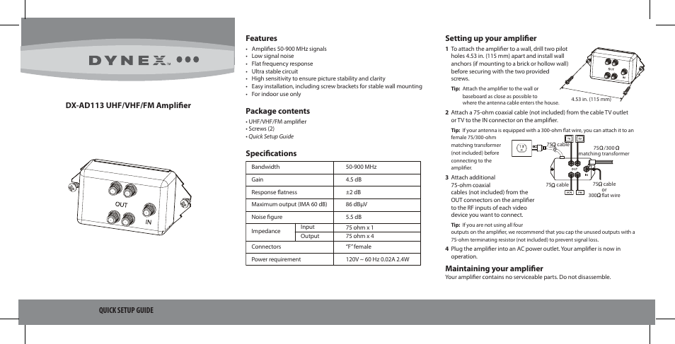 Dynex DX-AD113 User Manual | 2 pages