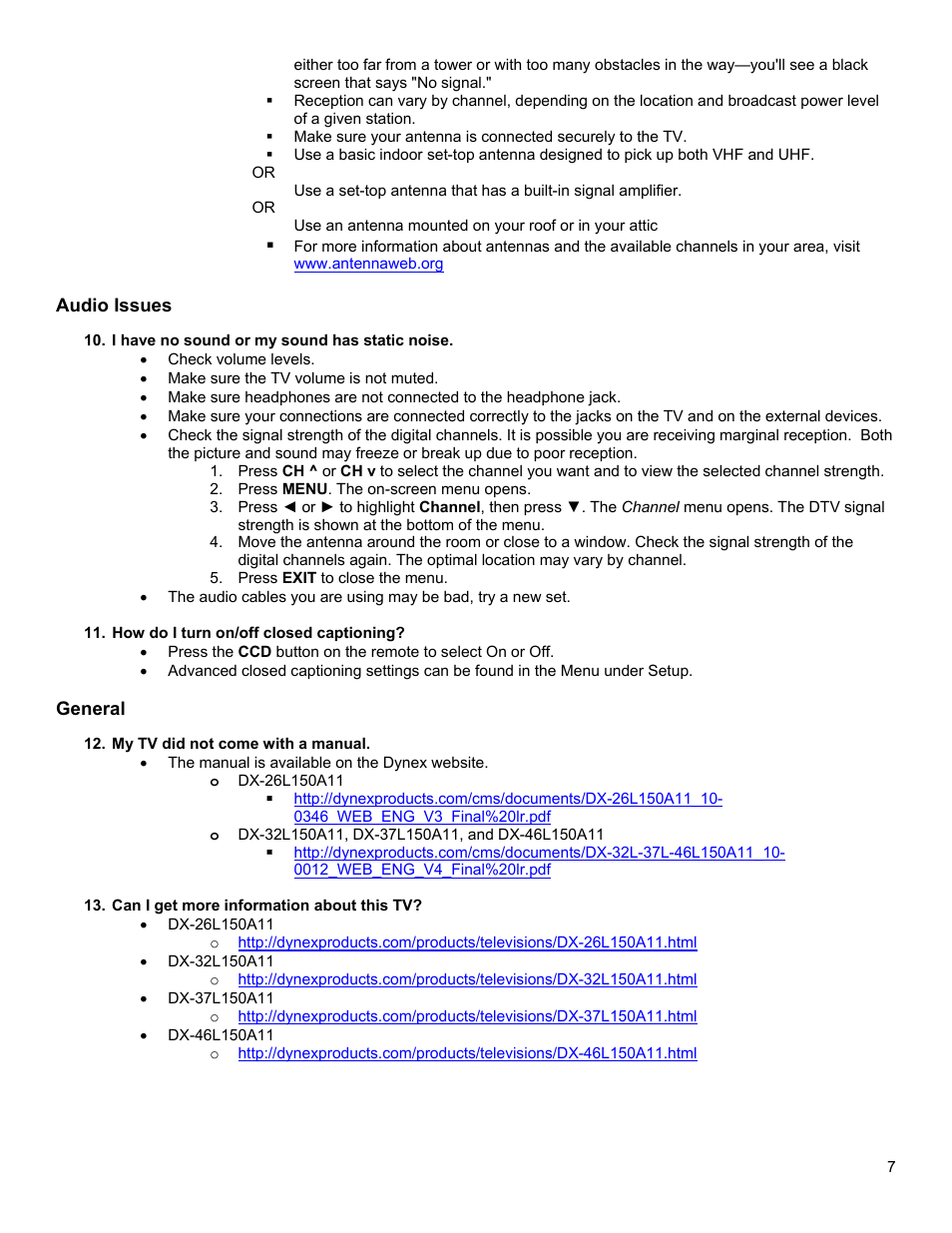 Audio issues, General | Dynex DX-26L150A11 User Manual | Page 7 / 8