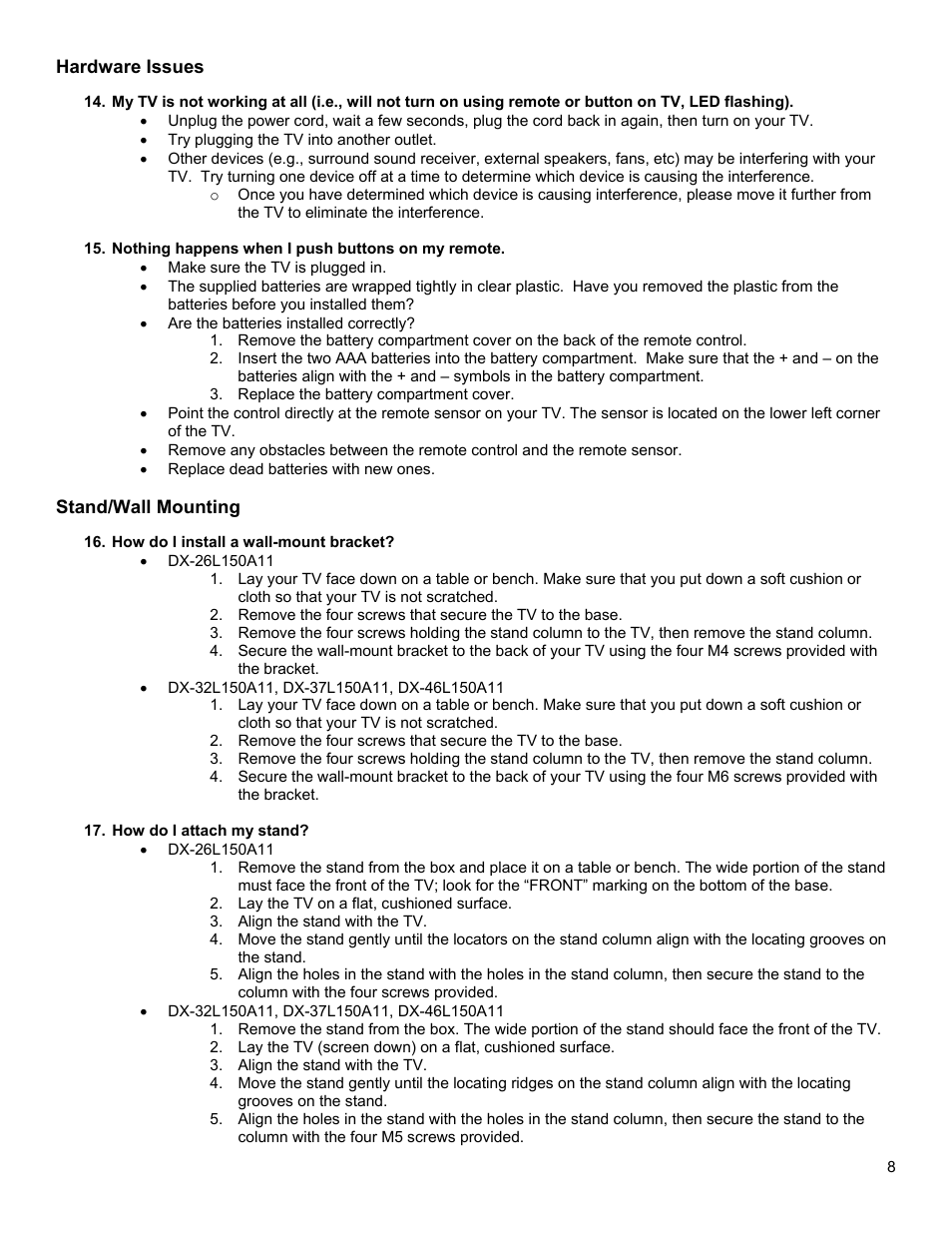 Hardware issues, Stand/wall mounting | Dynex DX-26L150A11 User Manual | Page 8 / 8