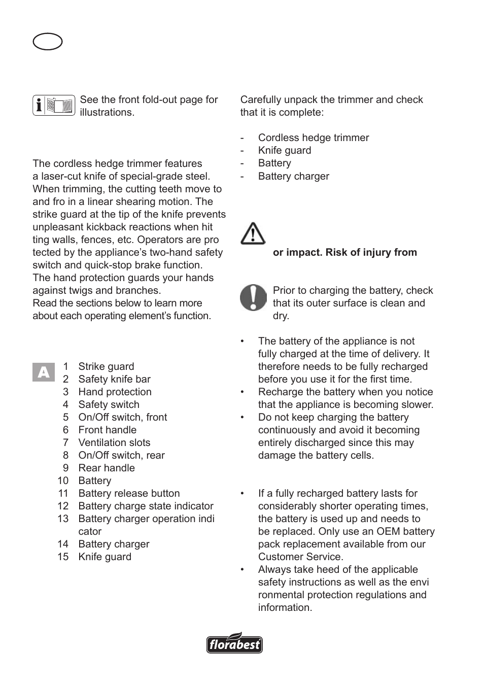 General description, Charging the battery | Florabest FAH 18 A User Manual | Page 10 / 118