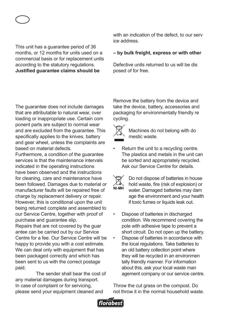 Guarantee, Waste disposal and environmental protection | Florabest FAH 18 A User Manual | Page 14 / 118