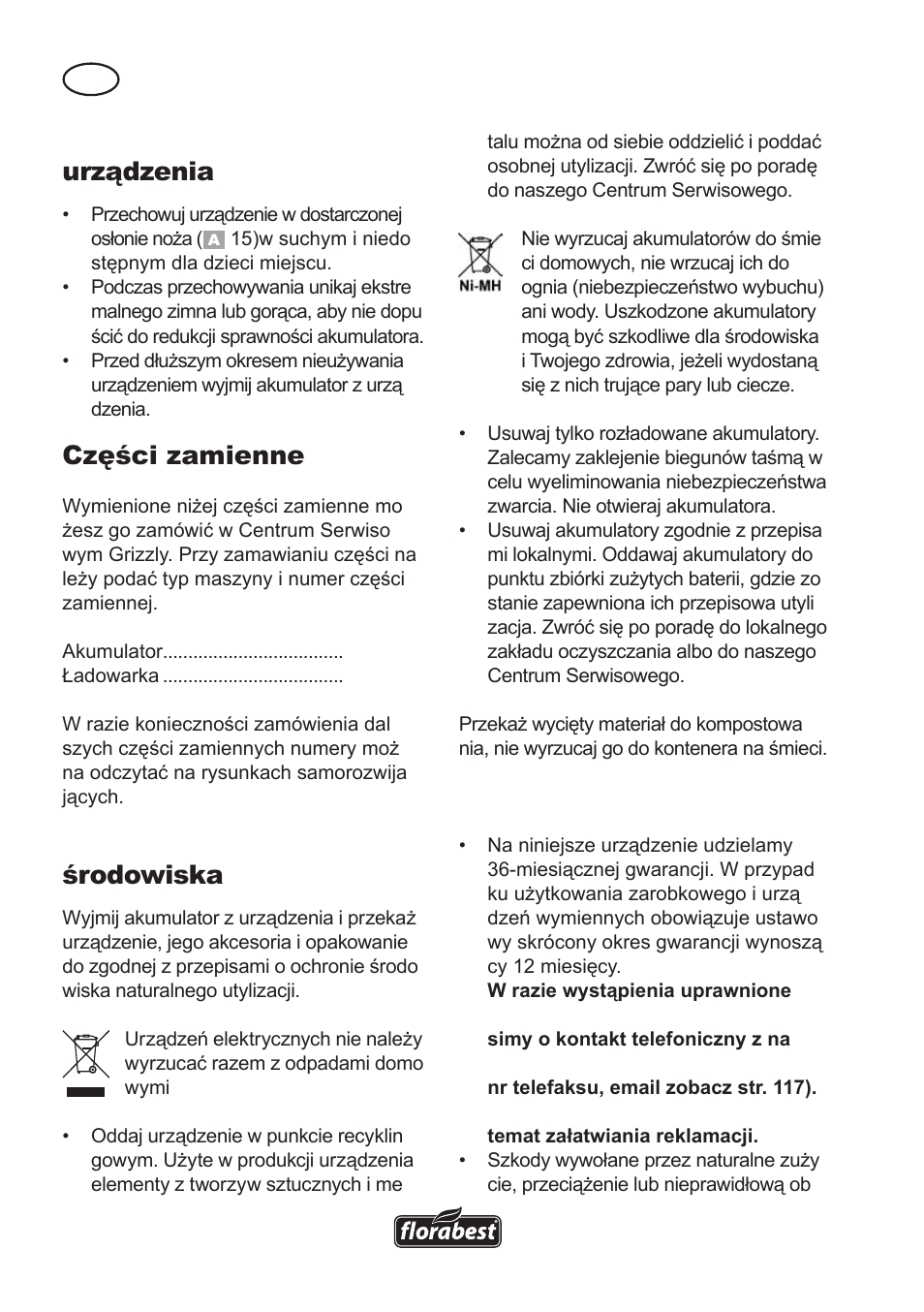 Przechowywanie urządzenia, Części zamienne, Usuwanie i ochrona środowiska | Gwarancja | Florabest FAH 18 A User Manual | Page 28 / 118