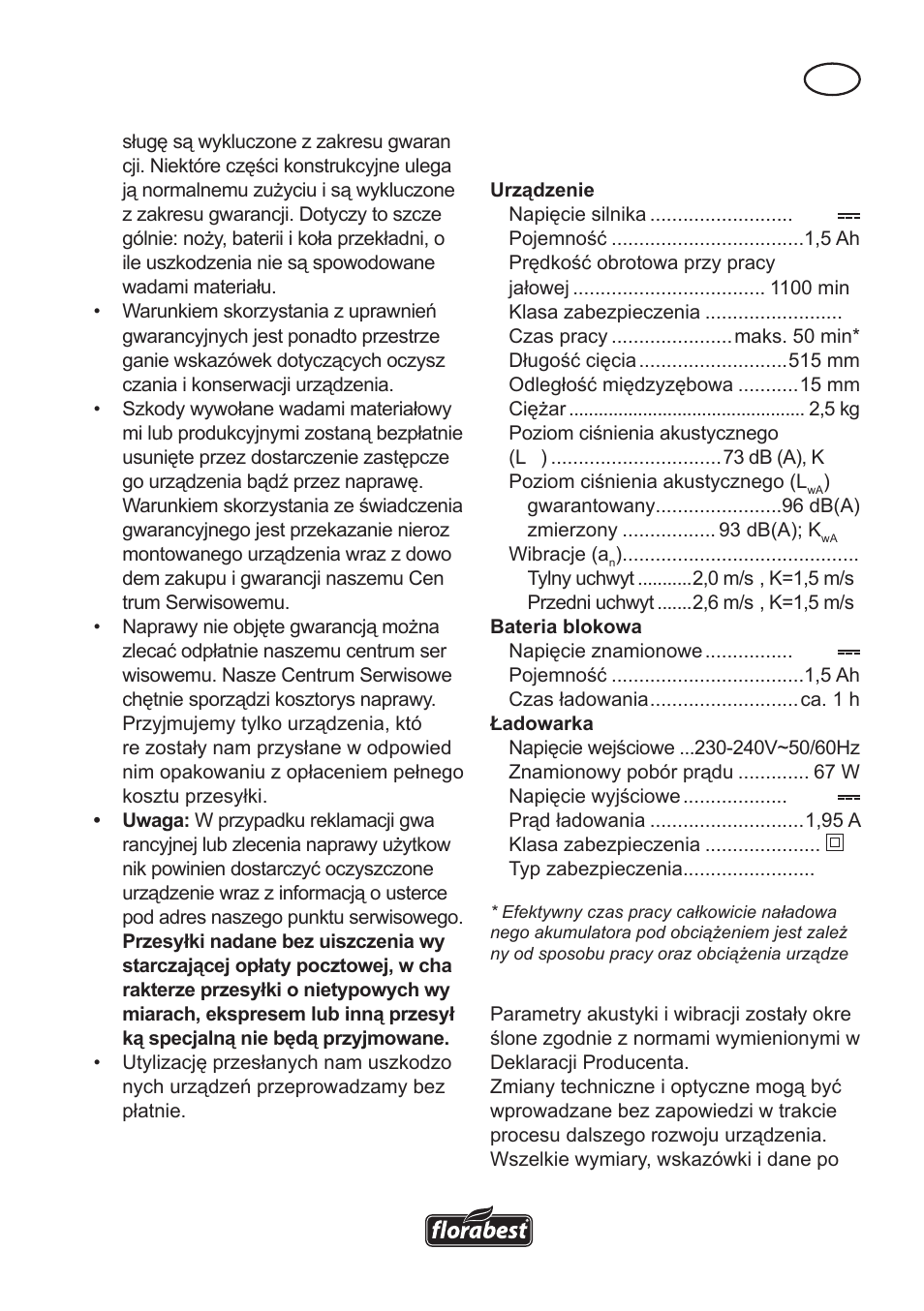 Dane techniczne | Florabest FAH 18 A User Manual | Page 29 / 118