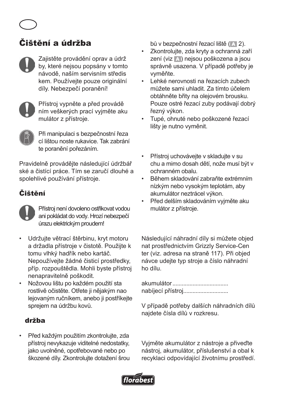 Čištění a údržba, Skladování, Náhradní díly | Odklízení a ochrana okolí | Florabest FAH 18 A User Manual | Page 68 / 118