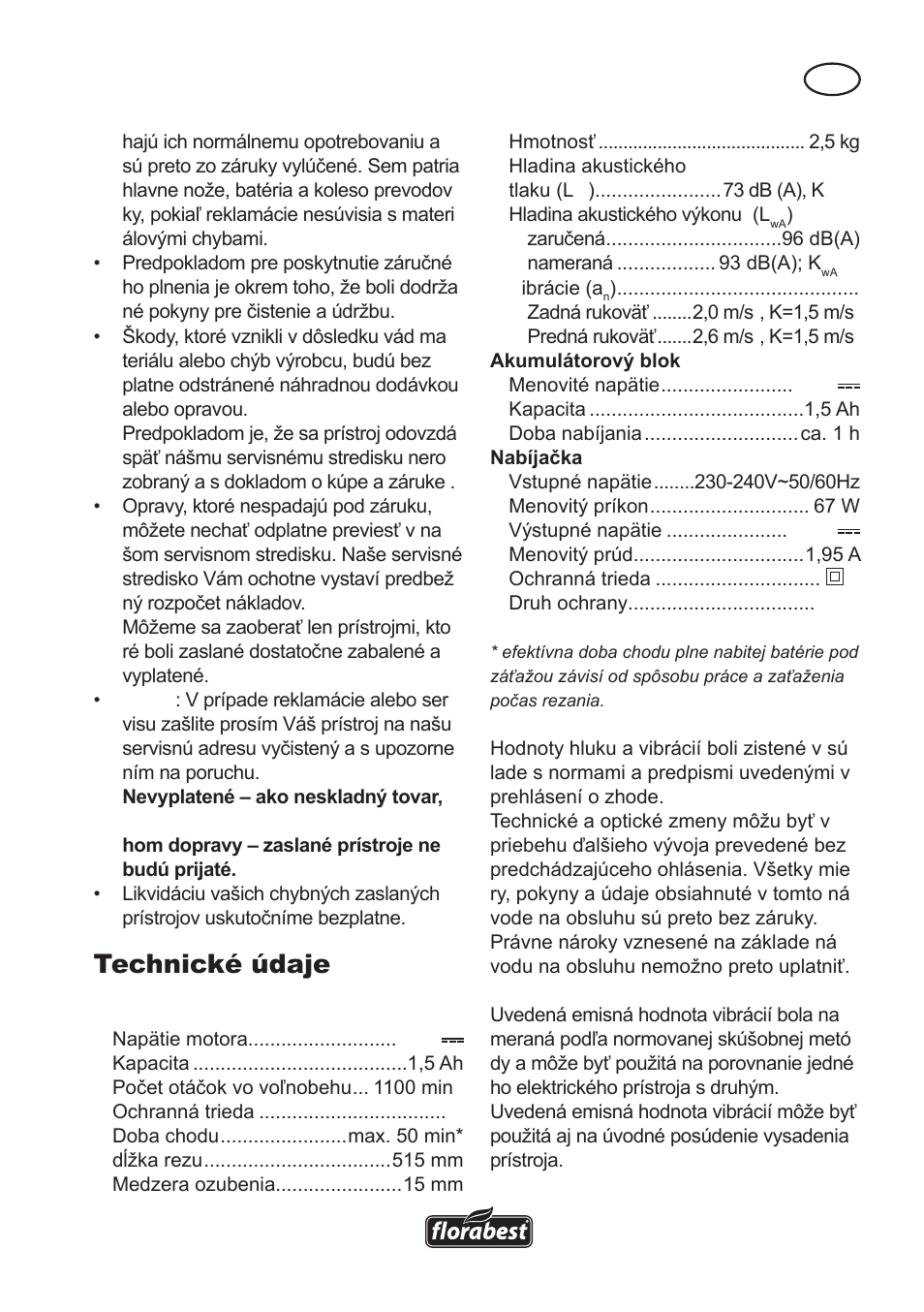 Technické údaje | Florabest FAH 18 A User Manual | Page 83 / 118
